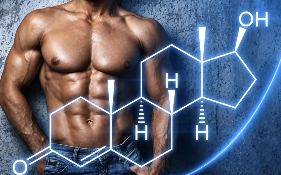 Fit man with testosterone molecule graphic
